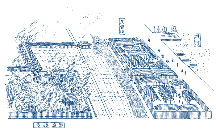 火事で燃える遊郭